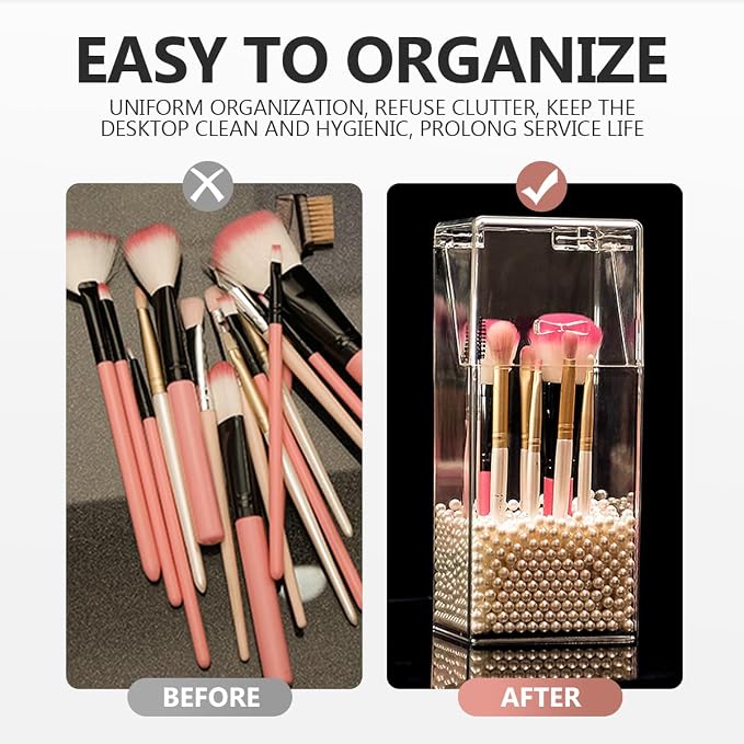2Pcs Acrylic Makeup Brush Organizer with Lid, Clear Makeup Brush Holders Brush Storage Dust Proof Box Makeup Organizer for Dressing Tables and Vanity
