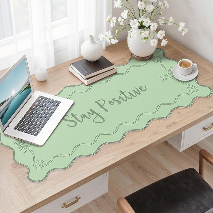 iCasso Green Scalloped Desk Cover Mat, Extra Large Mouse Pad, PU Leather Desk Pad Mat,Waterproof Writing Blotter for Desktop Protector, Non-Slip XXL Big Mousepad for Computer Office Dorm-Bow