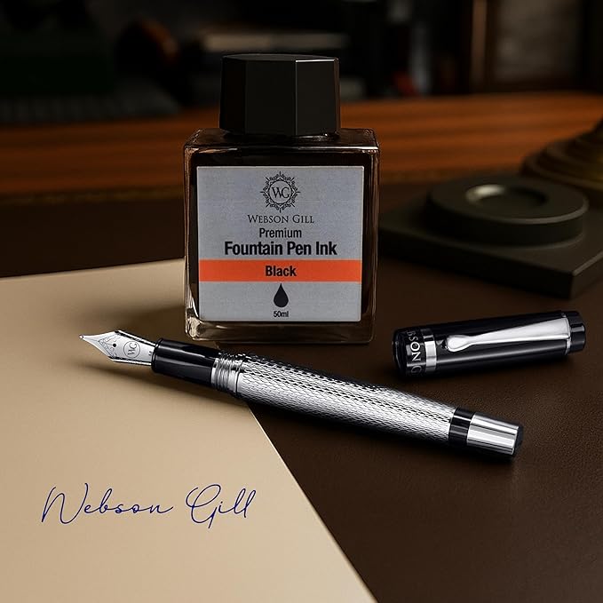 ‘The Raider’ Silver Luxury Executive Fountain Pen, Polished Chrome and Lacquer, Stainless Steel Nib, Easy Refill Ink Piston Converter, Smudge Free, No Bleed, Fits Our Instant Insert Ink Cartridges