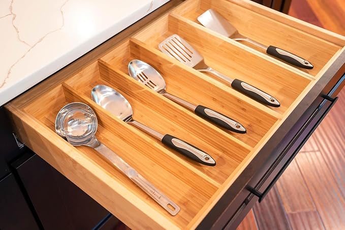 Bamboo Kitchen Utensils Organizer, 13 Inch Drawer Dividers for Silverware, Extra Deep Holder, with Non-Slip Feet, Wood Caddy for Flatware Cutlery