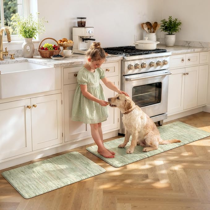 KIMODE Kitchen Mats for Floor, Light Green Aabstract Kitchen Rugs Sets of 2 | Anti Fatigue Mats for Kitchen Floor, Cushioned Kitchen Floor Mats,Comfort Bathroom Rugs for Sink Laundry Room 17"x47"+17"x29"