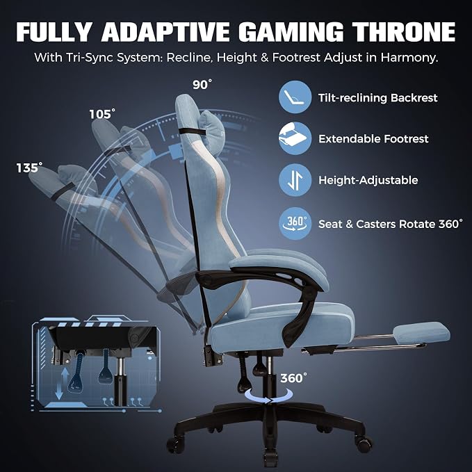 GTPLAYER Big and Tall Gaming Chair 350lbs Heavy Duty Office Chair with Foot Rest, High Back Pocket Spring Ergonomic Computer Chair for Adults,Wide Comfy Seated Cushion with Linkage Armrests,Light Blue