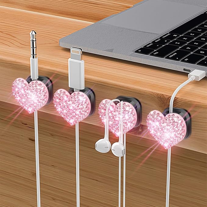 Bling Cord Organizer Holder,Heart Shape Magnetic Cable Clips with Strong Adhesive,Desk Cable Holder & Phone Charging Cords Wire Management for Home,Office,Car,Nightstand (Pink 4 Pack)