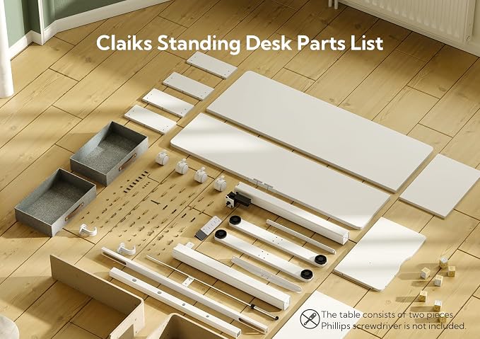 Claiks Standing Desk with Drawers & Wheels, 2 Height Shelf 63" White | 2 height adjust shelf, tabletop drawers, felt fence design, sturdy supports 176 lbs, 4 wheels, 2 tire monitor stand