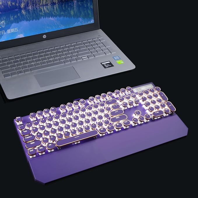 Camiysn Typewriter Style Mechanical Gaming Keyboard, Purple Retro Punk Gaming Keyboard with White Backlit, 104 Keys Blue Switch Wired Cute Keyboards, Round Keycaps for Windows/Mac/PC