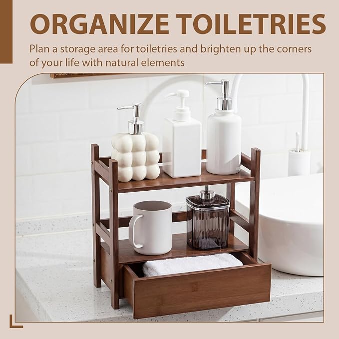 2 Tier Matcha Station Bamboo Organizer with Hidden Drawer, Wood Home Coffee Station Organizer for Kitchen Countertops, Coffee Bars, Kitchen & Office Storage(13" L x 6.5" W x 12.6" H)(Brown)