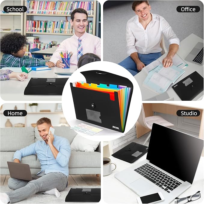 Accordian File Organizer 7 Pocket Expanding File Folder with Labels, Plastic Expandable File Folder for Documents Letter Size A4 Papers - Black