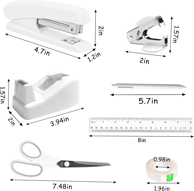 Dimonluce Office Desk Accessories, White Office Supplies Accessories with Tape Dispenser, Stapler, Staple Remover, 1000 Staples, Tape, Clips Set, Ruler, Scissor, Pen