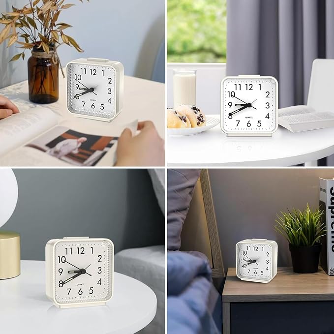 Analog Alarm Clocks, Non Ticking Table Clock with Luminous Hand & Large Display, Battery Powered Silent Bedside Alarm Clock with Night Light Function & Snooze, for Bedroom, Office (White)