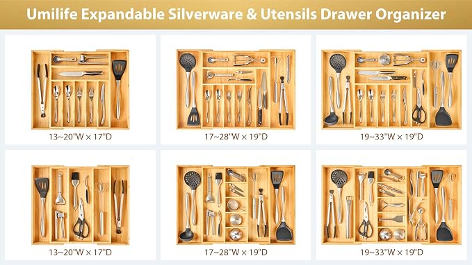 Large Expandable Kitchen Silverware Utensils Drawer Organizer, 2.5" Extra High Adjustable Drawer Divider with Curved Grooves, Bamboo Wood Cutlery Tray Flatware Holder