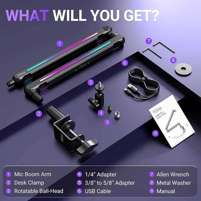FIFINE Microphone Boom Arm with Controllable RGB, Adjustable Low Profile Mic Stand with Desk Mount Clamp,Cable Management, Screw Adapter for Gaming, Podcast, Streaming, Studio-BM88Pro