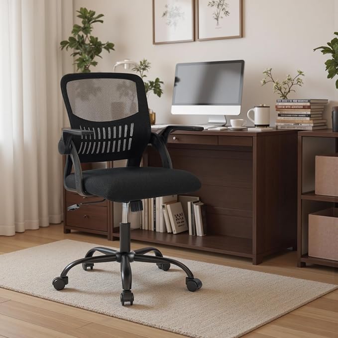 OLIXIS Ergonomic Office Desk Chair, Executive Mid-Back Computer Chair with Comfortable Lumbar Support & Rocking Mode, Height Adjustable with Flip-up Armrest, 360ยฐ Swivel, for Adults, Black