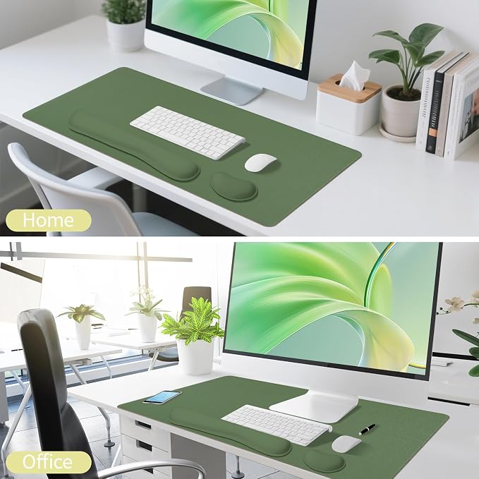Green Leather Desk Pad and Keyboard Wrist Rest, 31.5"x15.7" | 3in1 Mouse pad + Keyboard Wrist Rest + Mouse Wrist Rest, Non-Slip Waterproof Desk Writing Pad for Office and Home