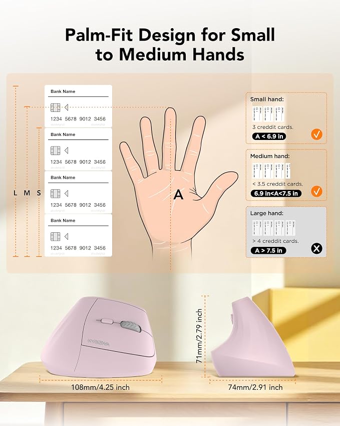KYSONA Ergonomic Mouse Wireless, Bluetooth Vertical Mouse, 5-Level Adjustable DPI, 2.4G Silent Switch Mice for Windows, MacOS, IPadOS, Laptop, PC, Pink