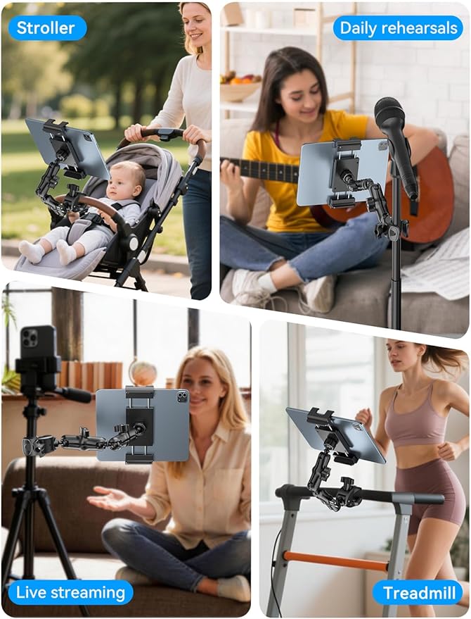 PLDHPRO Tablet Holder for Mic Stand,iPad Clamp Mount with Long Arm,360°Rotating Adjustable Tablet Mount for Microphone Stand,Fits 5.5"-14.6" iPad Pro 12.9, Galaxy,iPhone