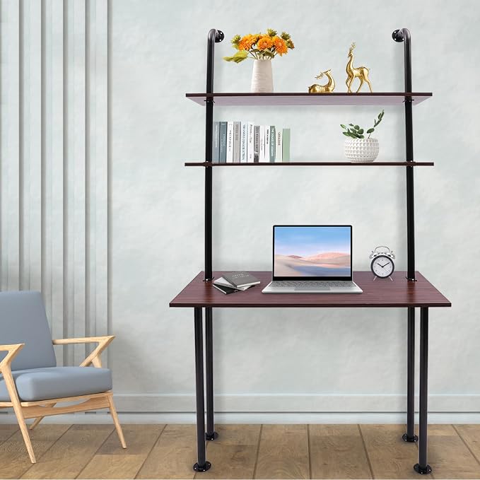 Industrial Wall Mount Desk with Shelves, 3-Shelf Ladder Desk, Computer Writing Table for Small Spaces, Black and Brown Modern Narrow Floating Table with Storage (13" Dx39.4 Wx79 H)
