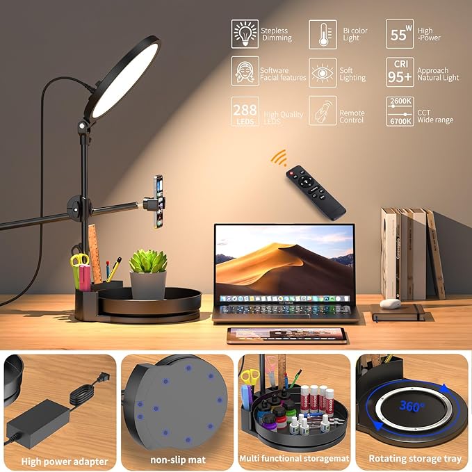 Bright Zoom Lighting for Computer, Adjustable Desk Lighting for Video Callst,55W Dimmable Full Screen Ring Light,with Rotating Storage Box,Pen Holder Stand,Phone Holder and Controller (Black, 10.5)