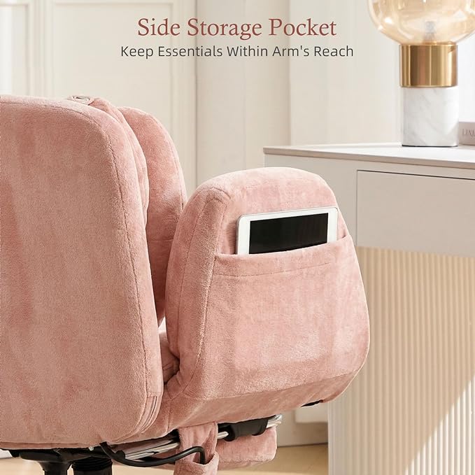 Criss Cross Office Chair with Footrest and 5-Gear Adjustable Arms, Pink | Wide seat cross-legged desk chair, flip lumbar pillow, airbag support, linen fabric, for home office, vanity and meditation