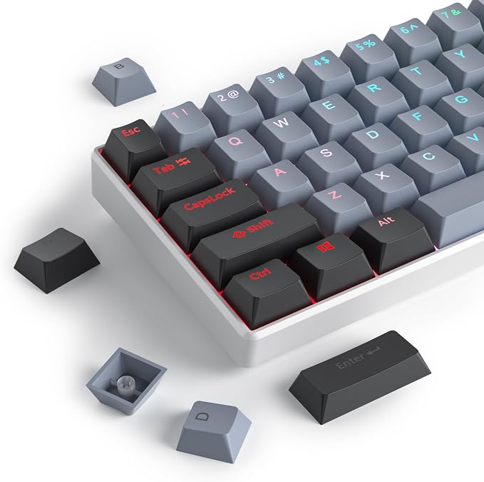 Guffercty kred 61-Keys PBT 60% Keycaps 60 Percent Shine-Through OEM Profile Keycaps Backlit US Layout for 60% Mechanical Keyboard (61 Grey Black)
