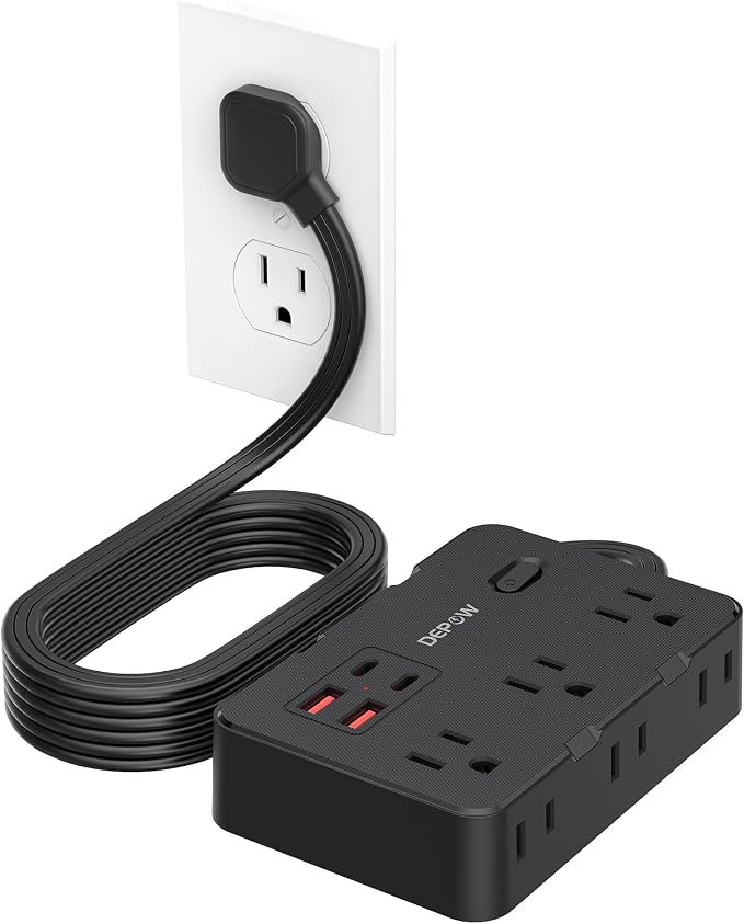 DEPOW Surge Protector Power Strip with Flat Plug, 5 FT Extension Cord with 6 AC Outlets 4 USB Ports(2 USB-C),1050J Surge Protection, Wall Mountable Charging Station for Office, Home, Black