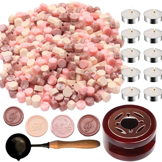 Wax Seal Kit with Warmer, ONWINPOR 300pcs Pink Sealing Wax Beads in 3 Colors, Non-Slip Spoon, Candles for Envelopes, Stamp Letter Seal,Wedding Invitations (Pink Mix)