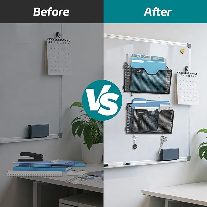 6 Pack Magnetic File Holder Wall File Organizer with Label Panel and 2 Hooks Magnetic Paper Mail Holder for File Office, Cabinets and Whiteboard, Black