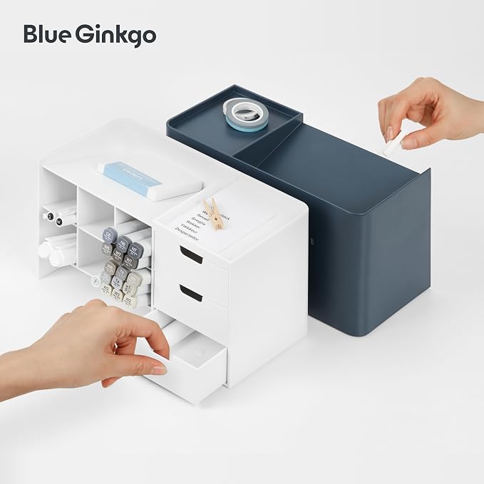 Blue Ginkgo Stackable Desk & Pen Organizer, White, Made in Korea | Multi-Compartment. 3 Transparent Drawers. Easy Access.