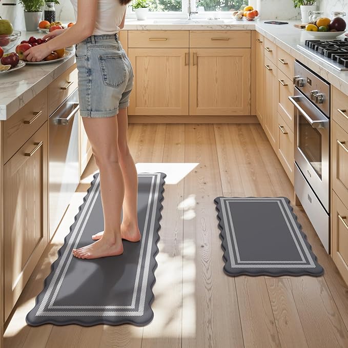 KIMODE Kitchen Mats Cushioned Anti Fatigue, Farmhouse Kitchen Rugs Sets of 2, Dark Grey Scalloped Rugs, Kitchen Floor Mat Non Slip, Comfort Standing Mat for Laundry Office Sink Desk 17"x47"+17"x29"