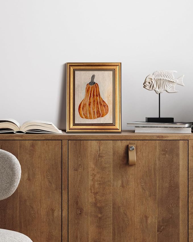 HUARCEY Gold Framed Vintage Wall Art for Living Room, Pumpkin Painting Prints Shelf Decor for Kitchen, Aesthetic Bedroom Wall Art, Autumn Gifts for Friends or Family - Japandi Pumpkin 10L x 8W
