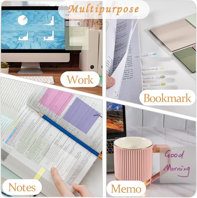 BAYTORY 700 Sheets Transparent Sticky Notes, Clear White Waterproof 3 x 3 inch See Through Memo Pad, Self-Adhesive Translucent Writable Index Tabs for Annotating Book, Office & School Study Supplies