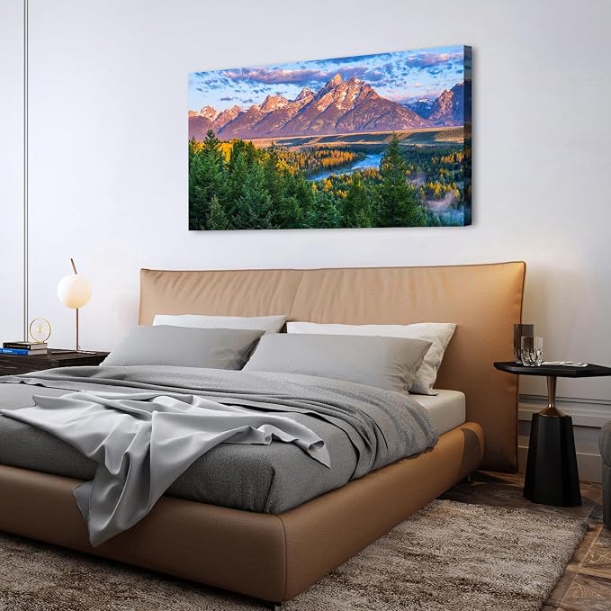 AIYISU Grand Teton Mountain Wall Art Sunset Nature National Park Posters Oxbow Bend Snake River Landscape Wall Decor Wyoming Scenery Painting Artwork for Living Room Office Home Decoration 30x60