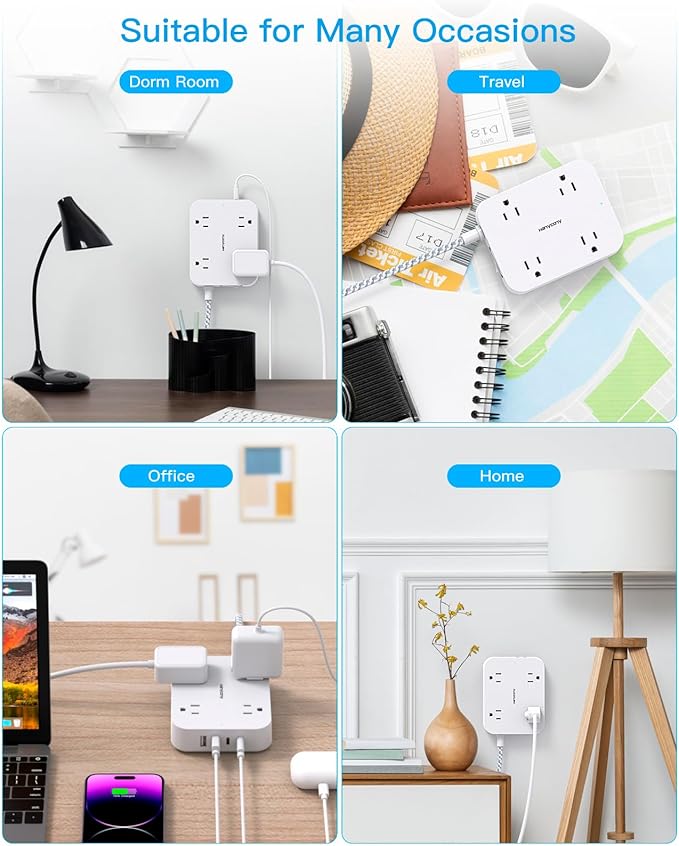 10 Ft Extension Cord, HANYCONY Ultra Thin Flat Power Strip with 4 Outlets 4 USB Ports (2 USB C), Wall Mount, Multi Plug Outlet Extender Desk Charging Station for Office Travel Dorm Room Essentials