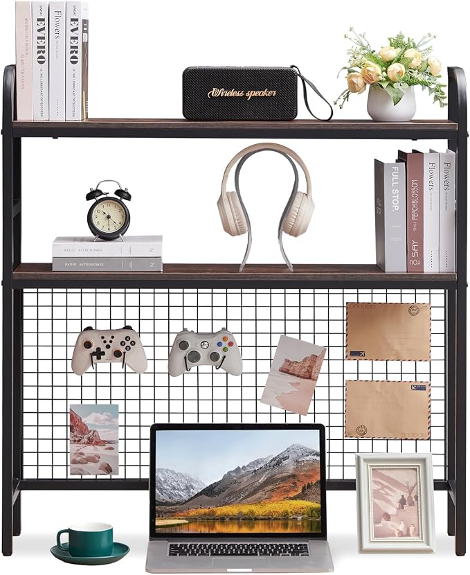 Desk Shelf, 36.8” Desktop Organizer Shelf with Grid Panel and Hooks, Desk Hutch for Computer Monitor, 2 Tier Desk Display Rack Wood Desktop Bookshelf Storage for Home Office Dorm