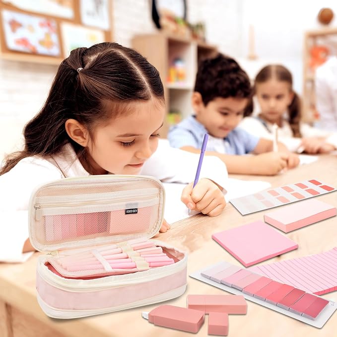 47Pcs Aesthetic School Supplies with Pencil Pouch - Cute College Essentials Set, Big Capacity Pen Case, Pastel Highlighters, Bible Study Journaling Stationary Kit (Pink)