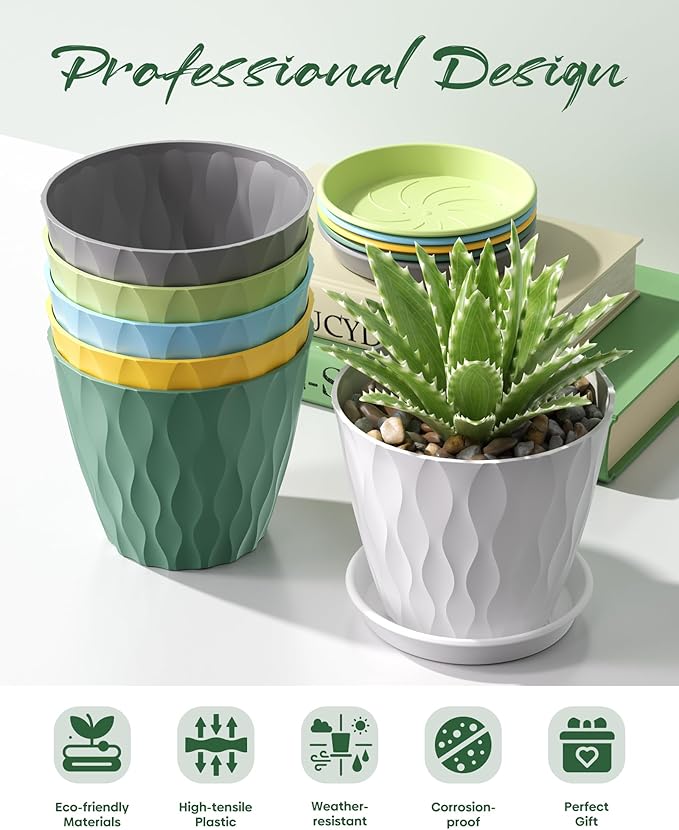 6 Pack Plant Pots with Drainage Holes, 4 Inch Plastic Indoor Flower Pots, Succulent Pots for Orchids, Violets, Succulents, Herbs and Other Small Plant, Yellow