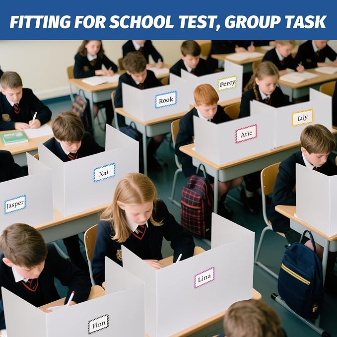 24 Pack Desk Dividers for Students,3-Fold Privacy Screens,Testing Dividers for Classroom Waterproof,Plastic Easy Clean Privacy Shields for Student Includes Extra Labels