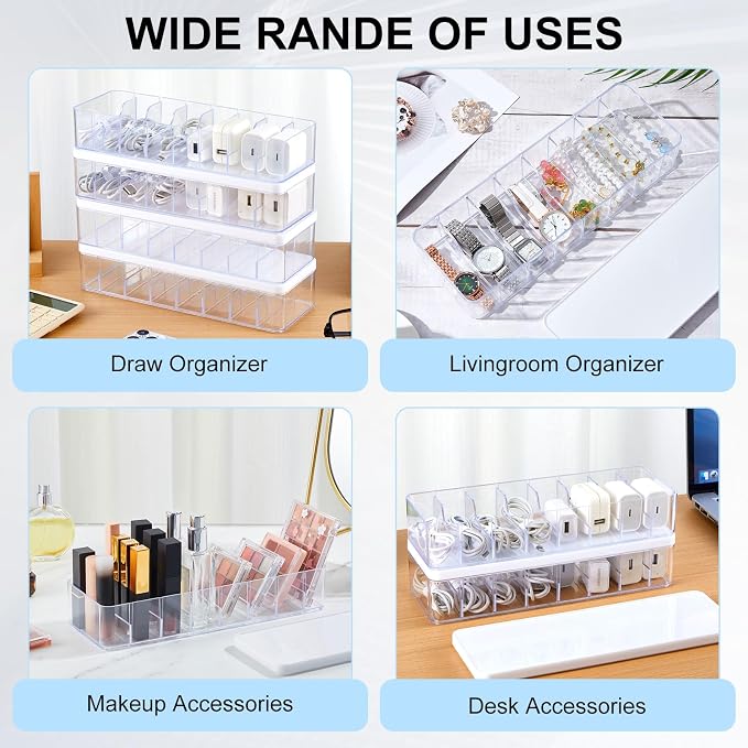 Tatuo 6 Pcs Cord Organizer for Drawer Desktop, Cable Organizer Box with 8 Compartments and Wire Ties, Plastic Charger Storage with Lid, Electronics Case for Home Office Accessories (Small,Clear,White)