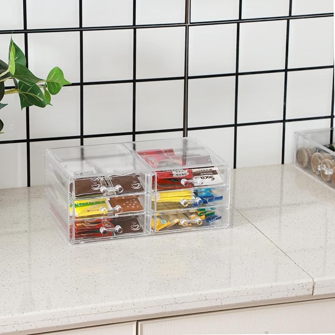 Cq acrylic 1 Pack Clear Acrylic Drawer Organizer Countertop,Stackable 6 Drawers Makeup Storage,Cute Cube Make Up Organizer for Dresser Hair Clip,Beauty Product Desk and Bathroom Organizers and Storage