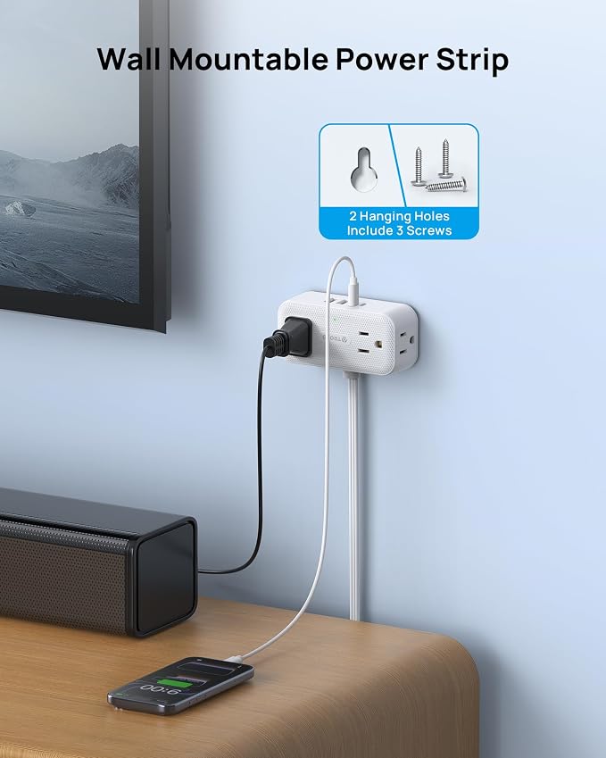 TROND 360° Rotating Flat Plug Power Strip, 3FT Extension Cord with 4 USB Ports, 4 Wide Spaced AC Outlets, Wall Mount, 900J Surge Protector for Office Travel Dorm Room Essentials, White