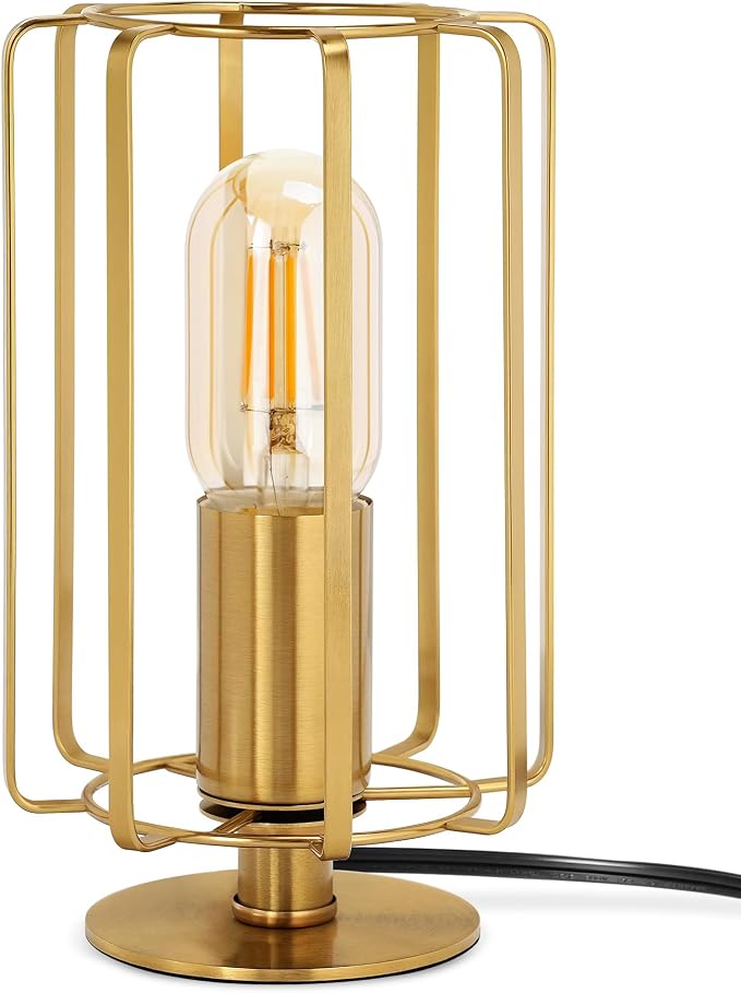 Industrial Table Lamp, 8.5" Small Brass Table Lamp with Dimmable 2400K Warm Light LED Bulb, Vintage Brass Desk Lamp, Gold Bedside Lamp for Bedroom, Study, Office, Small Space, D05TL05