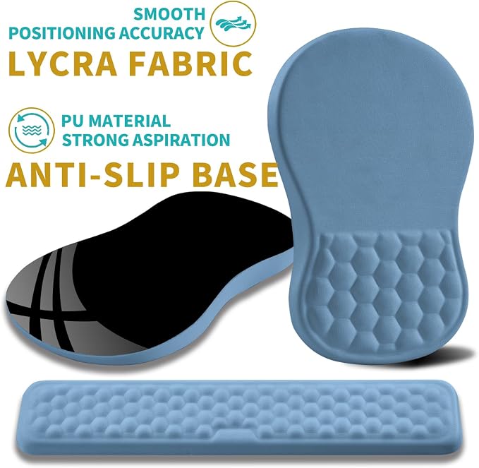 Hokafenle 2 in 1 Ergonomic Mouse Pad Wrist Support & Wrist Rest for Computer Keyboard Set, with Relieve Carpal Tunnel Pain Massage Bulge and Full Memory Gel Design (2In1 Set, Lake Blue)