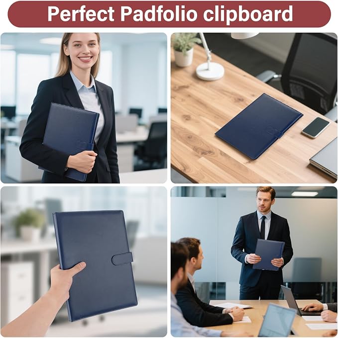 Professional Padfolio,Blue Faux Leather Portfolio Binder | Includes clipboard,business card holder and document storage for office,conference,interviews,resume papers and business use