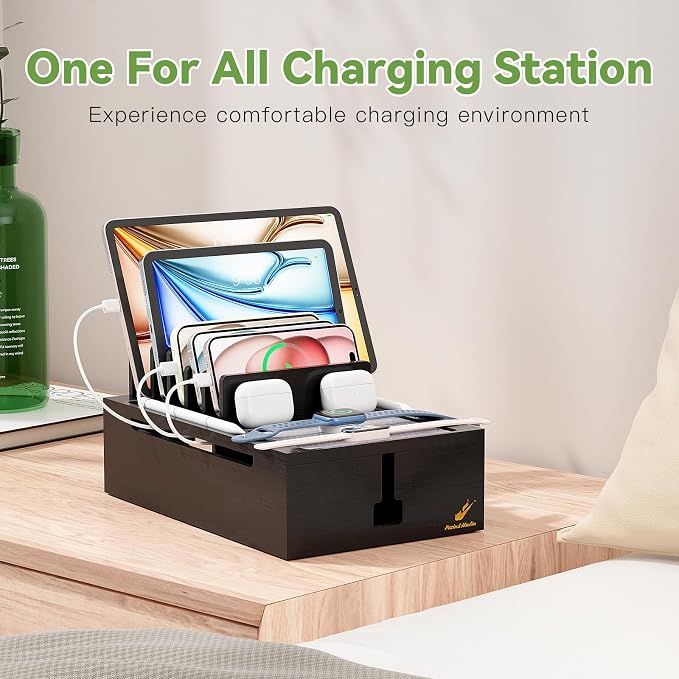 Pezin & Hulin Bamboo Charging Station for Multiple Devices -Black | USB Charger Dock Organizer, with Power Supply (10 Ports HUB), 6 Cables, Cable Management Organizer for Cell Phones, Tablet