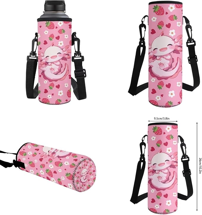 WELLFLYHOM Axolotl Girls Elementary Backpack with Lunch Box Pencil Pouch Water Bottle Sleeve Strawberry 4 Pcs Kids School Book Bag Daypack Set for School Sport Travel