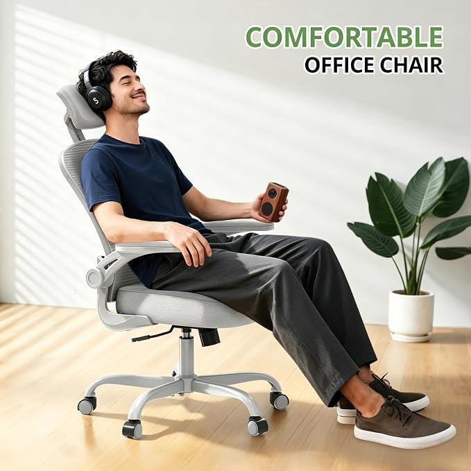 Synorla Office Chair Ergonomic Desk Chair, 330LBS Capacity, High Back Computer Design for Long Hours Comfort, Rolling Swivel Executive Task for Home Office with Flip-up Armrests(Grey)