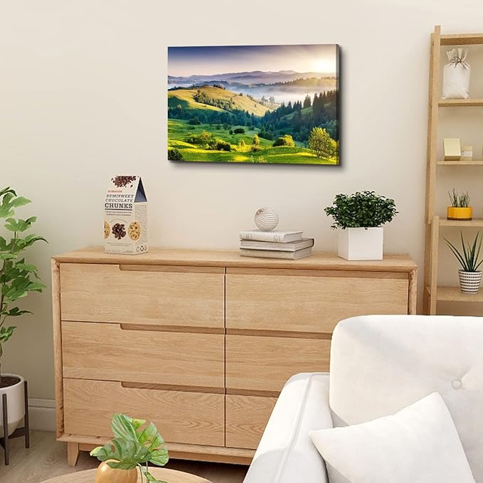 Green Misty Forest Wall Art Spring Mountain Landscape Wall Decor Large Nature Scenery Canvas Picture Painting Modern Framed Artwork for Bedroom Living Room Bathroom Office Home Decoration 16 x 24 Inch