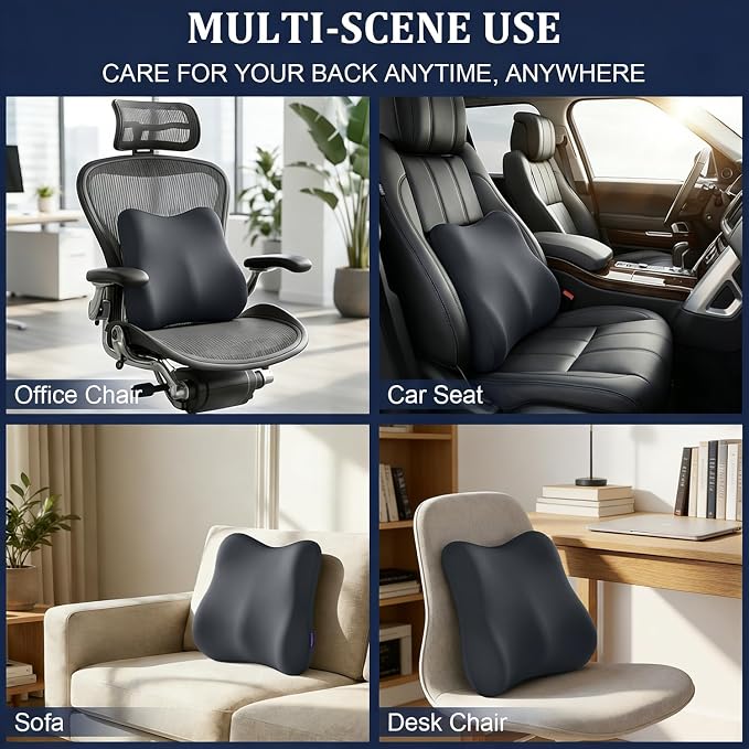 Lumbar Support Pillow Office Chair Lumbar Pillow Lower Back Pain Relief Cozy Dark Gray Memory Foam Back Cushion with Removable Cover Suitable for Car, Bed