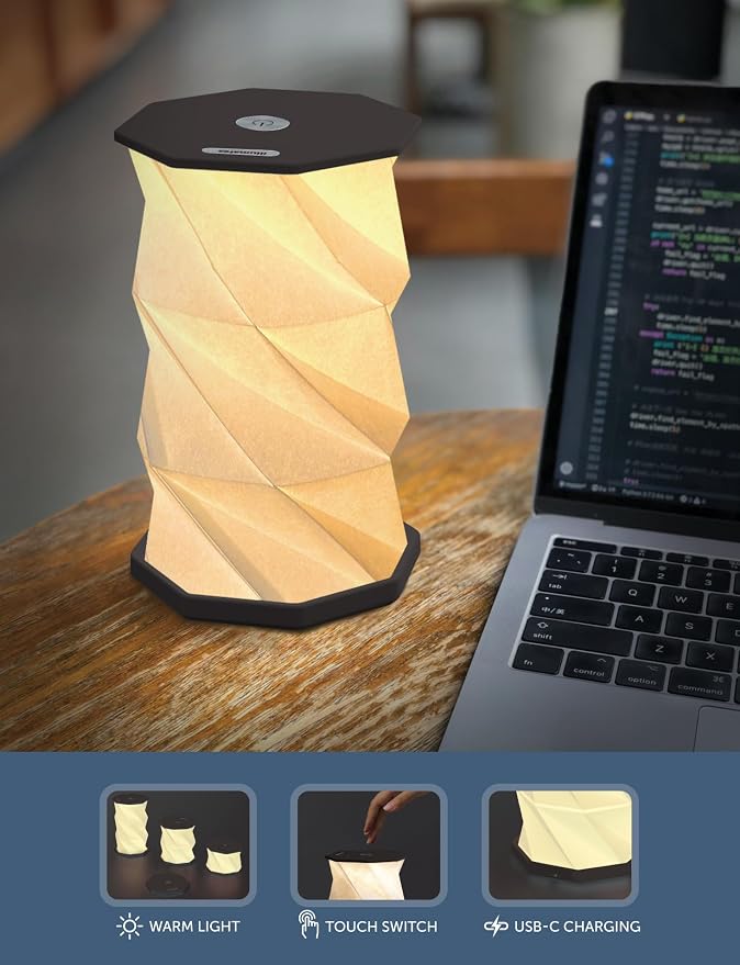 Origami Expanding Foldable LED Desk Lamp – USB Rechargeable & Portable - Dimmable Touch Control Light with Adjustable Height up to 8.25" for Office, Travel, Bedside - Sleek & Modern Design (Black)