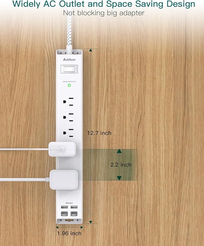 10Ft Surge Protector Power Strip - Long Extension Cord, Addtam 5 Widely Outlets 4 USB Ports, Flat Plug, Multi Plug Outlet Extender, Desk Charging Station for Home Office College Dorm Room Essentials