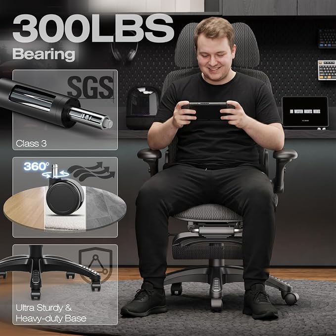 ELABEST X100 Ergonomic Mesh Office Chair with Footrest, Big and Tall Home Desk Chair with 5D Flip-Up Arms, Adjustable 3D Lumbar Support, Gaming & Executive Computer Chair, Night Reaper